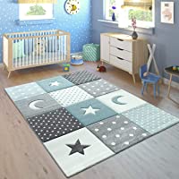 Paco Home Alfombra Infantil Pastel Cuadros Puntos Corazones Estrellas Blanco Gris Azul- tamaño:80x150 cm